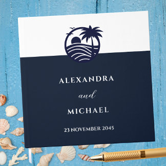Elegant Navy White Palm Tree Coastal Wedding Guest Book