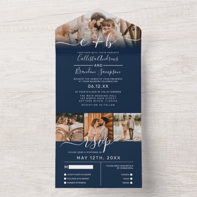 Elegant Navy White Photo Monogram Wedding RSVP All In One Invitation (Inside)
