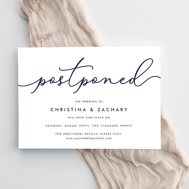 Elegant Navy & White Script Wedding Postponement Announcement (Creator Uploaded)