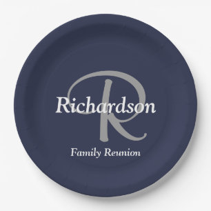 Elegant Navy White Silver Monogram Family Reunion Paper Plate