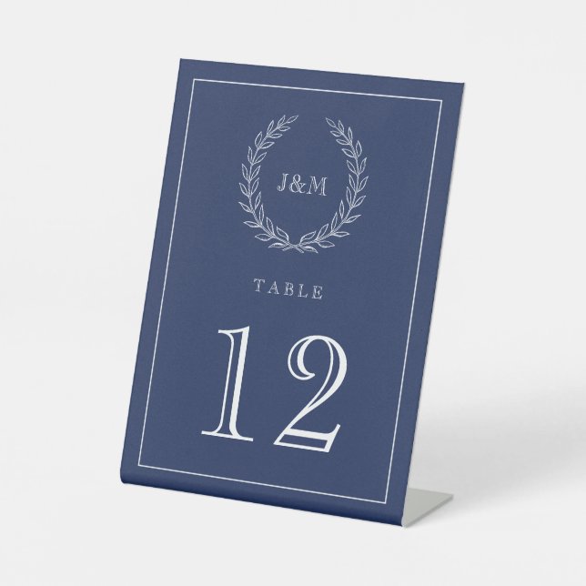 Elegant Navy White Simple Laurel Monogram Wedding Pedestal Sign (Front)