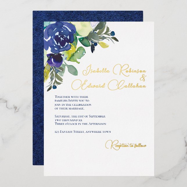 Elegant Navy White Watercolor Roses Wedding (Front/Back)