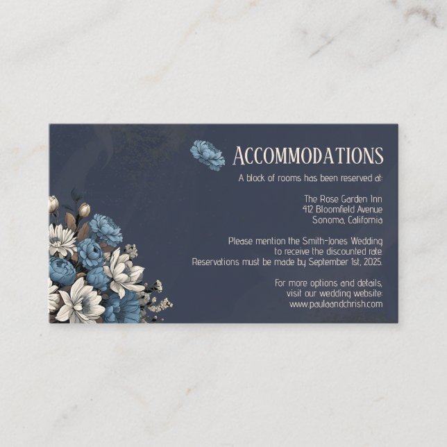 Elegant Navy Wildflower Wedding Accommodations Enclosure Card (Front)