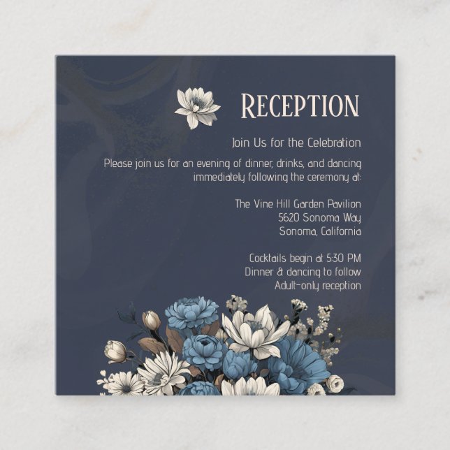 Elegant Navy Wildflower Wedding Reception Enclosure Card (Front)
