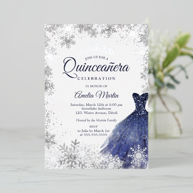 Elegant Navy Winter Snowflake Quinceanera (Standing Front)