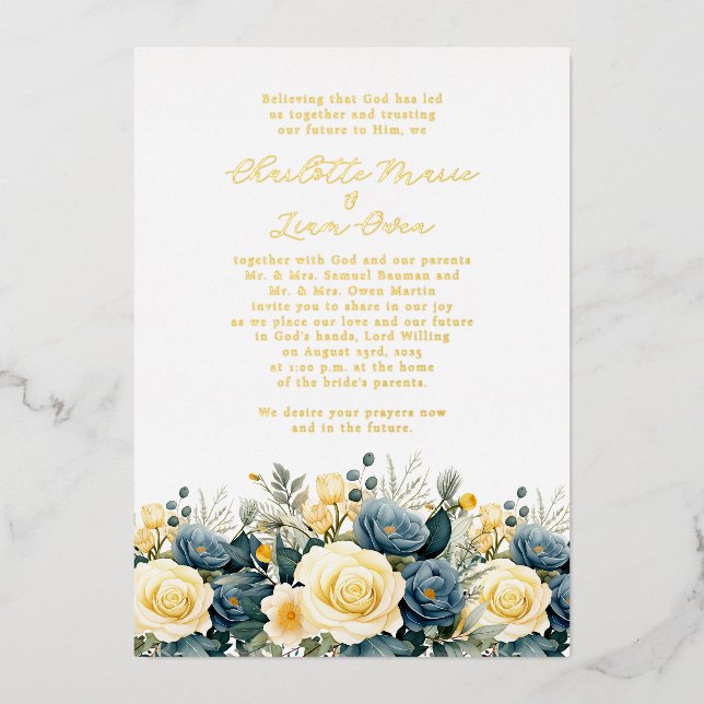 Elegant Navy & Yellow Floral Wedding Gold (Front)