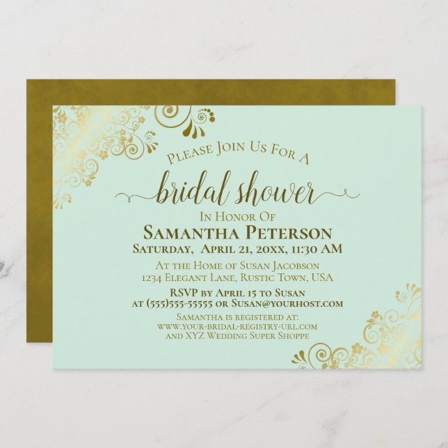 Elegant Neo Mint Green & Gold Lace Bridal Shower Invitation (Front/Back)
