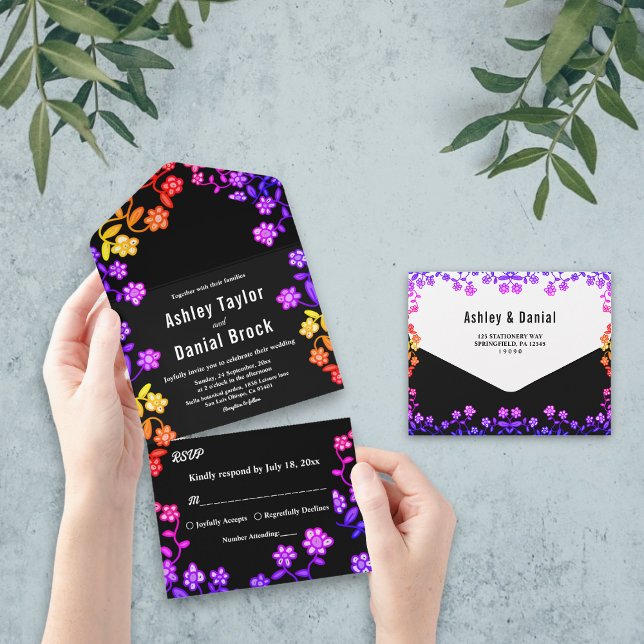 Elegant Neon Colours Roses Modern Floral Wedding All In One Invitation (Creator Uploaded)