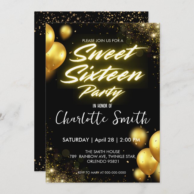 Elegant neon Gold Balloo retro Sweet 16th Birthday Invitation (Front/Back)