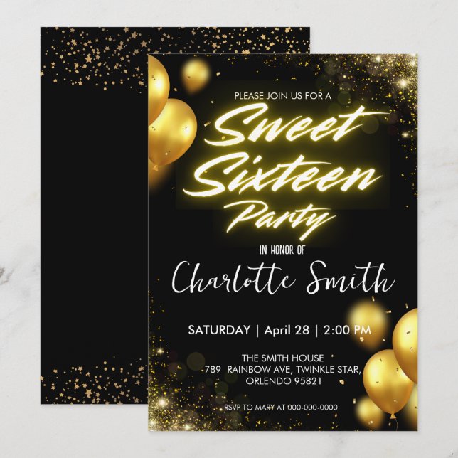 Elegant neon Gold Balloo retro Sweet 16th Birthday Invitation (Front/Back)
