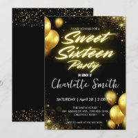 Elegant neon Gold Balloo retro Sweet 16th Birthday