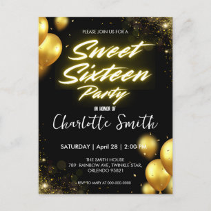 Elegant neon Gold Balloo retro Sweet 16th Birthday Postcard