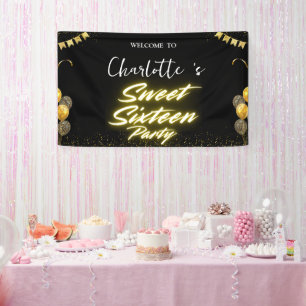 Elegant neon Gold Black retro Sweet 16th Birthday Banner