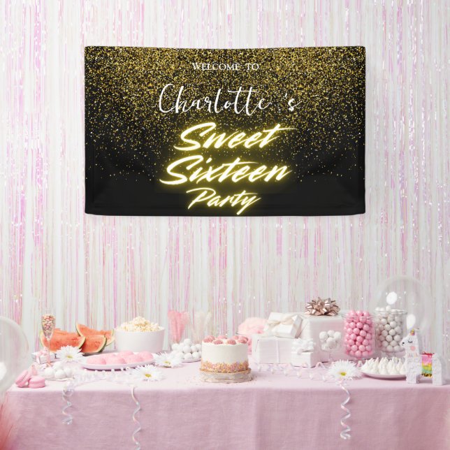 Elegant neon Gold Black retro Sweet 16th Birthday  Banner (Party)
