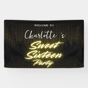 Elegant neon Gold Black retro Sweet 16th Birthday  Banner