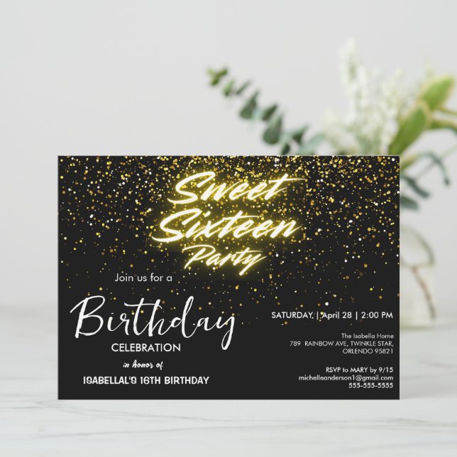 Elegant neon Gold Black retro Sweet 16th Birthday  Invitation (Standing Front)