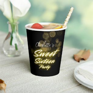 Elegant neon gold Black retro Sweet 16th Birthday Paper Cups
