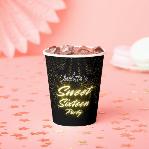 Elegant neon gold Black retro Sweet 16th Birthday  Paper Cups