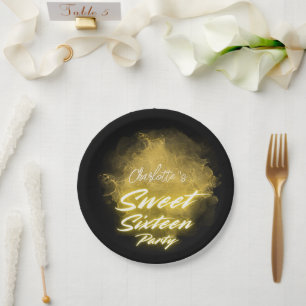 Elegant neon gold Black retro Sweet 16th Birthday Paper Plate