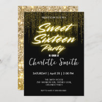 Elegant neon Gold Black retro Sweet 16th Birthday 