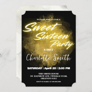 Elegant neon gold pink marble Sweet 16th Birthday Invitation