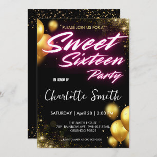 Elegant neon Gold pink retro Sweet 16th Birthday Invitation