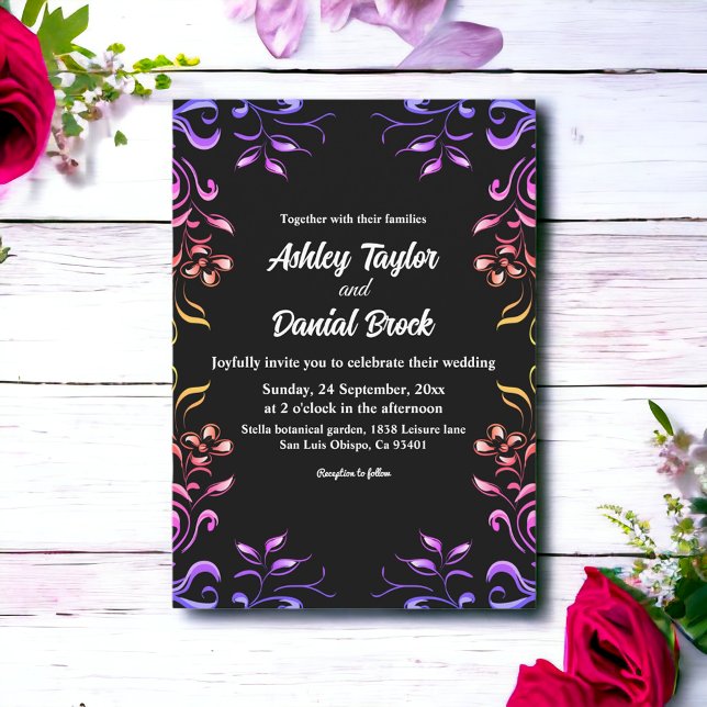 Elegant Neon Lights Roses Black Floral Wedding Invitation (Creator Uploaded)