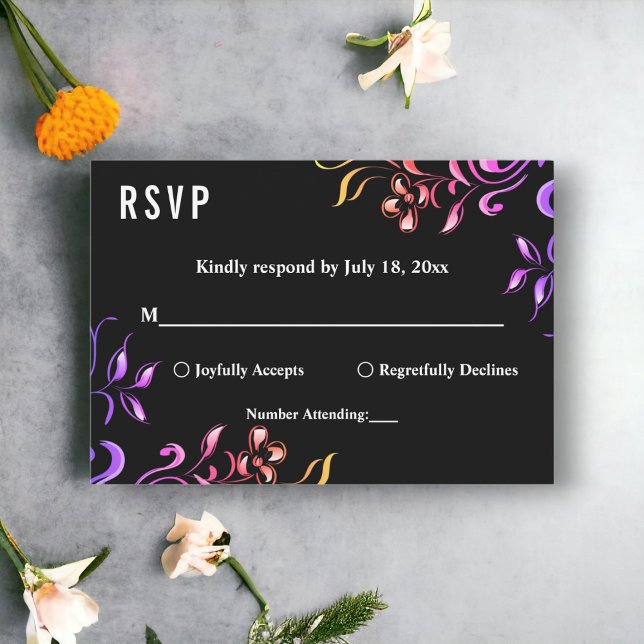 Elegant Neon Lights Roses Black Floral Wedding RSVP Card (Creator Uploaded)