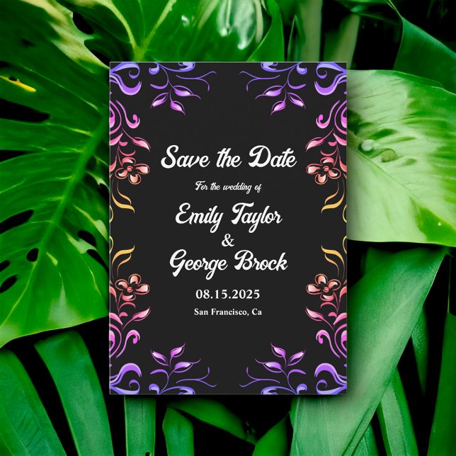 Elegant Neon Lights Roses Black Floral Wedding Save The Date (Creator Uploaded)
