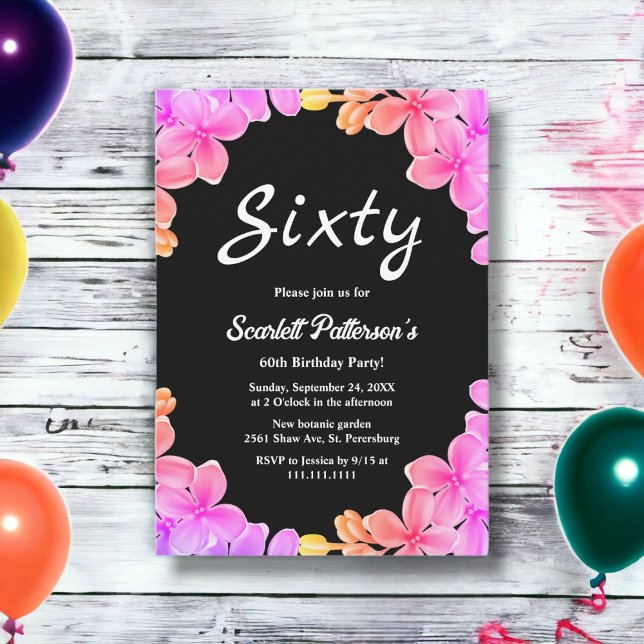 Elegant Neon Lights Roses Floral 60th Birthday Invitation (Creator Uploaded)