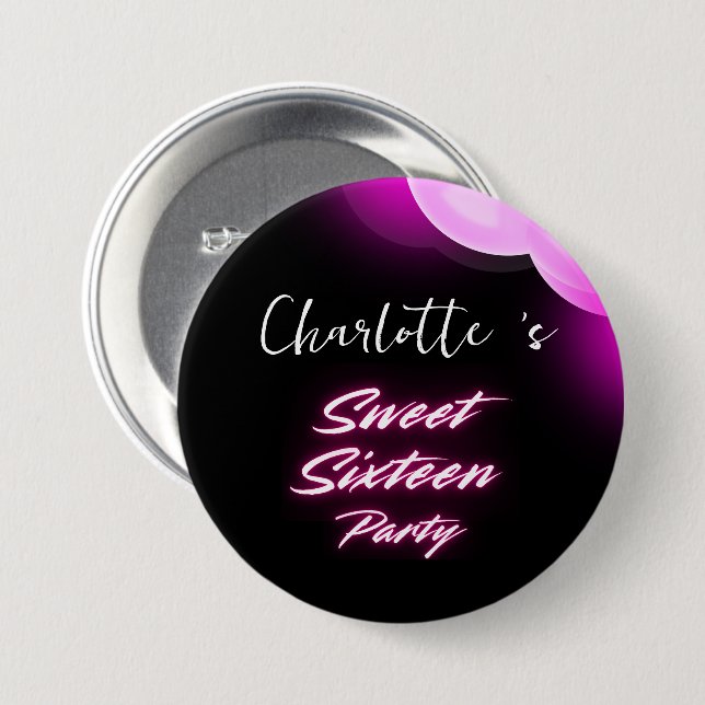 Elegant neon Pink Black retro Sweet 16th Birthday  7.5 Cm Round Badge (Front & Back)