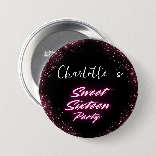 Elegant neon Pink Black retro Sweet 16th Birthday  7.5 Cm Round Badge (Front & Back)