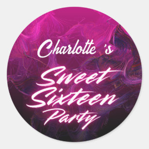 Elegant neon Pink Black Retro Sweet 16th Birthday Classic Round Sticker