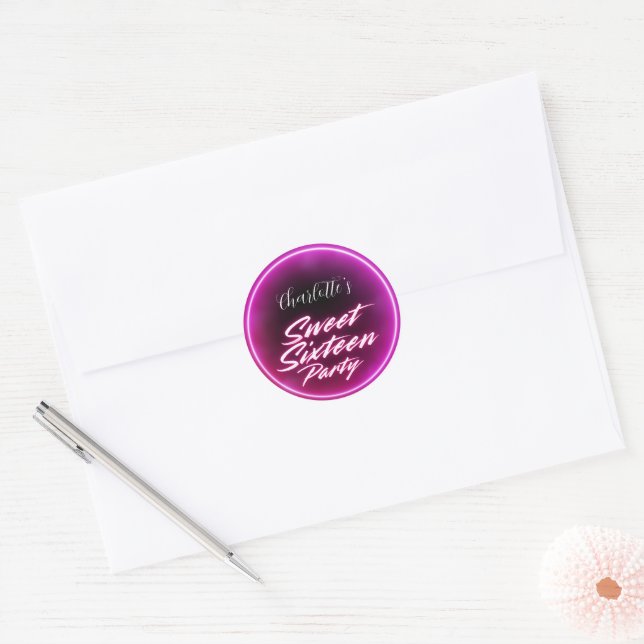 Elegant neon Pink Black Retro Sweet 16th Birthday Classic Round Sticker (Envelope)