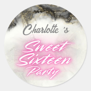 Elegant neon Pink Black Retro Sweet 16th Birthday Classic Round Sticker