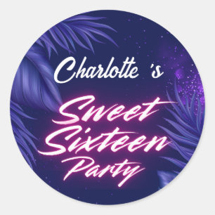 Elegant neon Pink Black Retro Sweet 16th Birthday Classic Round Sticker