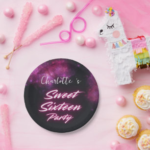 Elegant neon Pink Black retro Sweet 16th Birthday  Paper Plate