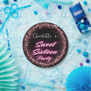Elegant neon Pink Black retro Sweet 16th Birthday  Paper Plate