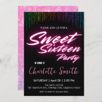 Elegant neon pink retro black Sweet 16th Birthday