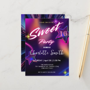 Elegant neon pink retro black Sweet 16th Birthday Postcard