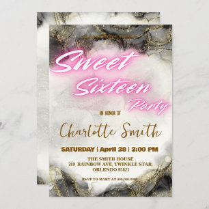Elegant neon pink retro Gold Sweet 16th Birthday 