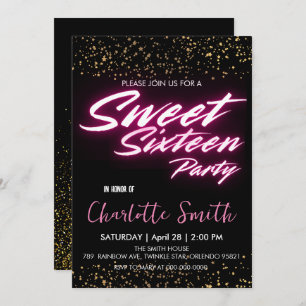 Elegant neon pink retro Gold Sweet 16th Birthday Invitation