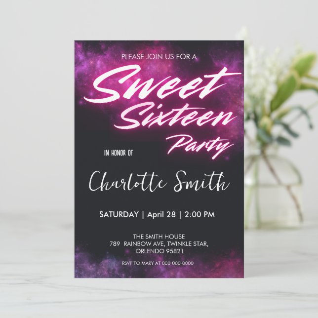 Elegant neon pink Retro Sweet 16th Birthday girly Invitation (Standing Front)