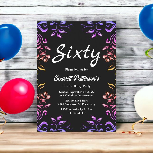 Elegant Neon Roses Black Floral 60th Birthday Invitation (Creator Uploaded)