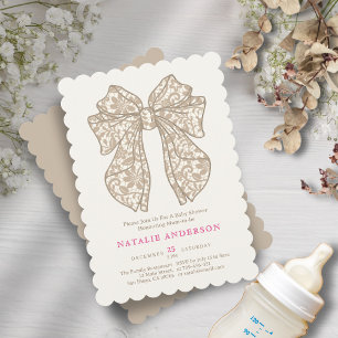 Elegant Neutral Beige Floral Lace Bow Baby Shower Invitation