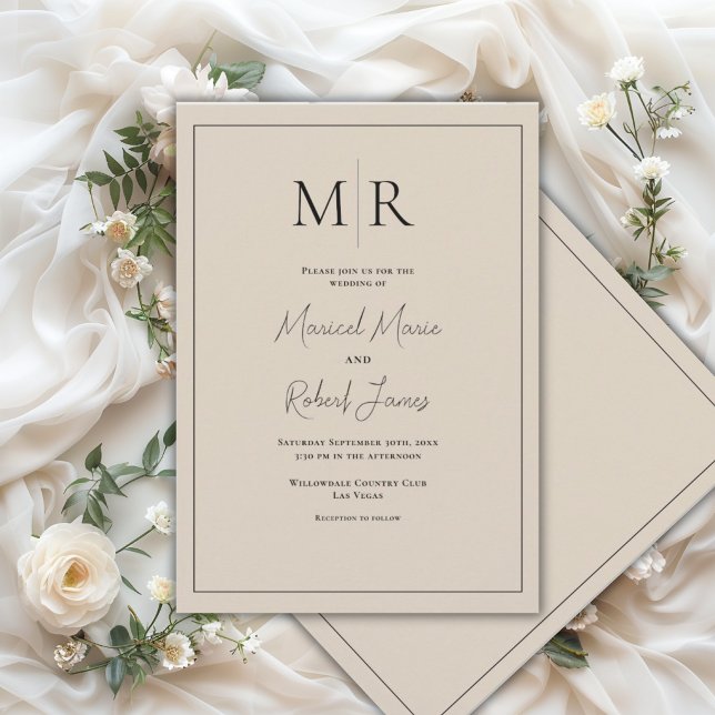 Elegant Neutral Beige Monogram Modern Wedding Invitation (Creator Uploaded)