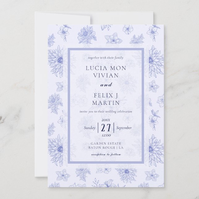 Elegant Neutral Blue Shadow floral All in One Invitation (Front)
