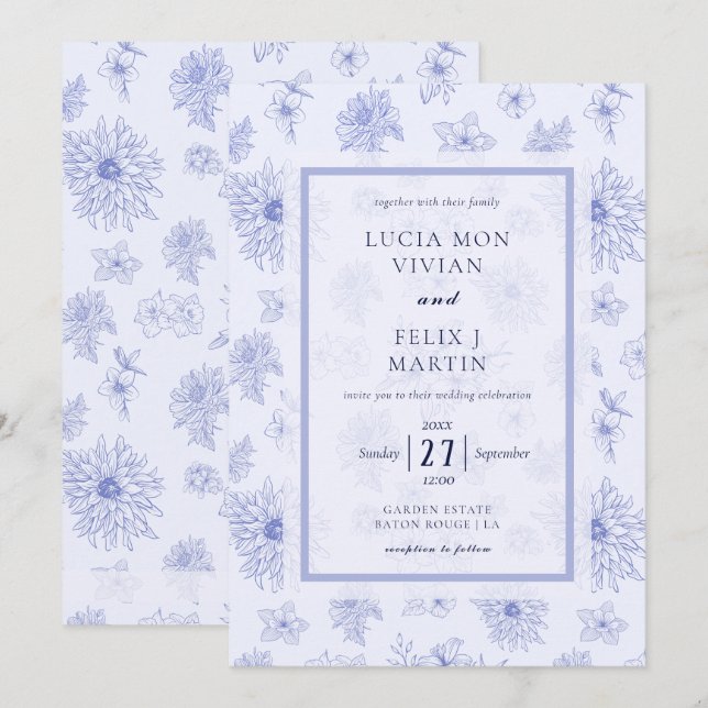 Elegant Neutral Blue Shadow floral Pattern Wedding Invitation (Front/Back)