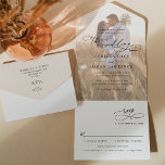 Elegant Neutral Boho Photo Wedding All In One Invitation<br><div class="desc">This elegant All-In-One Wedding Invitation features a sweeping script calligraphy text paired with a classy serif & modern sans font in black,  with a photo overlay on the front and a customisable monogram on the back. Matching items available.</div>