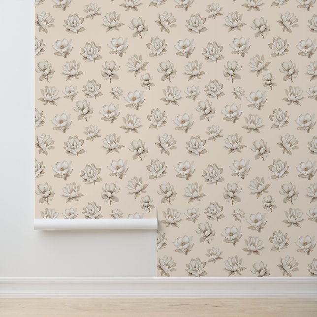Elegant Neutral Botanical Magnolia Floral Pattern Wallpaper (Application)